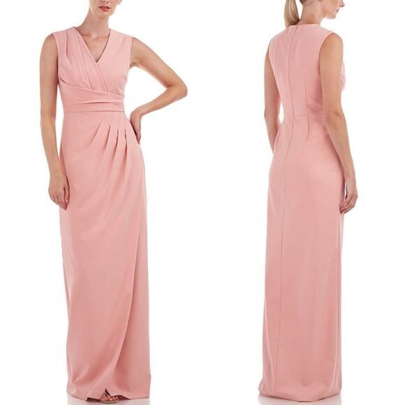 Kay Unger Cassia Dress Sleeveless Pleated Column Maxi Gown Rose Tan Pink 12 - Picture 1 of 9
